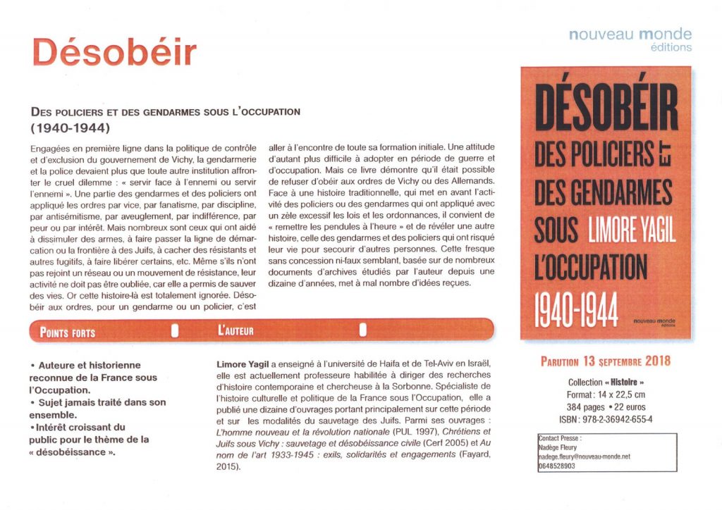 DÉSOBÉIR Des Policiers sous l'occupation par LIMORE YAGIL 1 Policiers sous loccupation